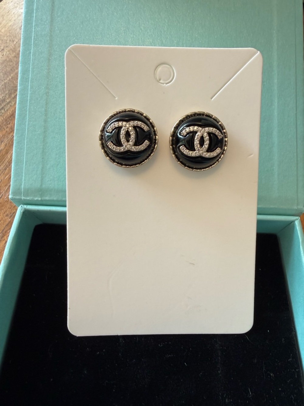 CHANEL Black and Gold Crystal CC Button Stud Earrings - Picture 2 of 9